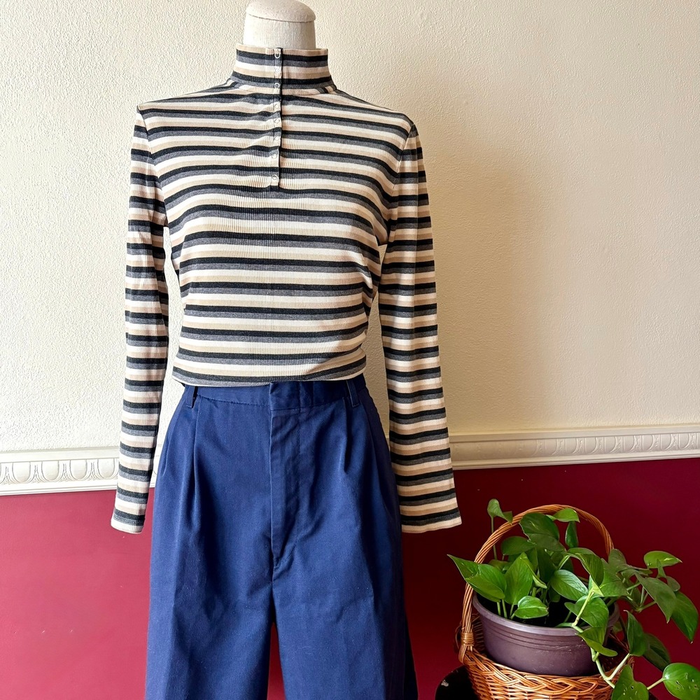 Vintage Croft & Barrow Stripe Mock Neck Snap Button Ribbed Long Sleeve Top S Y2K